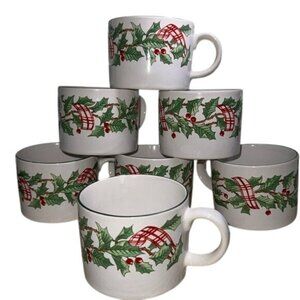 Majesticware Holiday Ribbon Stoneware Coffee Cups Holly Berry Design Set Of 6
